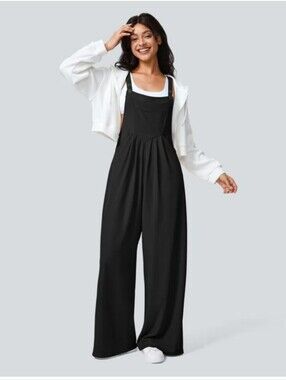 NWT HALARA Pockets Waffle Casual Overalls Black Jumpsuit XL